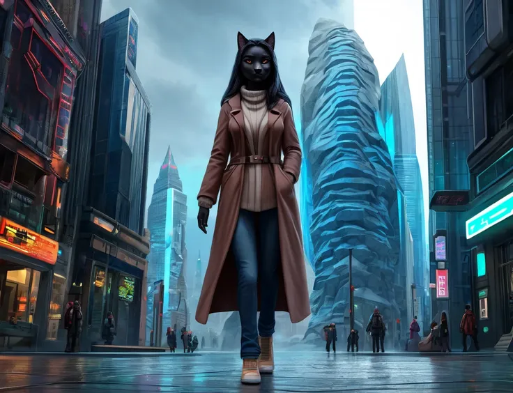 (photorealism:1.2), very beautiful adult anthropomorphic female cat, black skin, black fur, center of face white, white neck, light cyan eyes, brown wavy long hair, light pink lips, black winter coat, closed coat, rough tissue coat, white sweater, jeans, h...