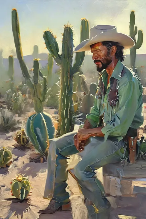 bichu,oil painting,masterpiece,cinematic scene,foggy atmosphere,painterly rendering,extremely detailed elements,photorealistic style,cinematic lighting,high resolution,depth of field, sunset, sun in background, cowboy but he has 6 arms on his body and his ...