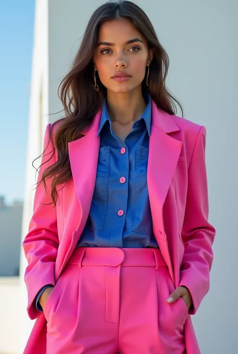 a woman in a pink jacket and blue shirt graphical clothes by Ashley Isham , 