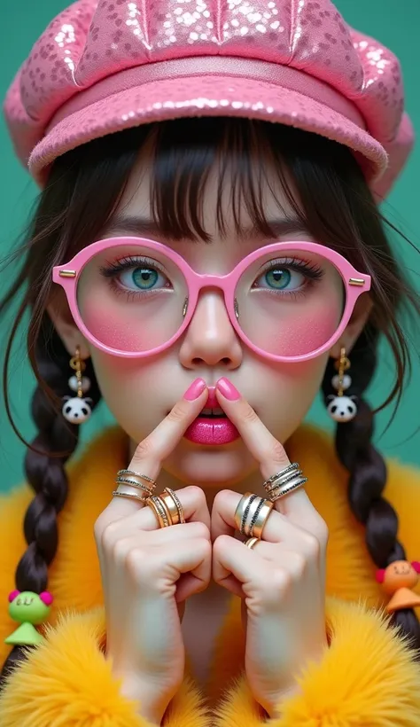  Close-up of a person wearing a hat with pink sequins and shiny glasses and round colored glasses She wears her index fingers close to her mouth, Put your lips as if you were going to kiss painted with pink glitter  ,  on her fingers she wears rings she we...