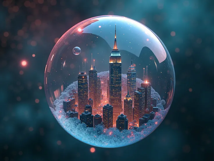 (Double exposure photograph), combining ((microscopic cyberpunk megapolis and a soap bubble with welcoming overflows)), a soap bubble (in outer space against the background of galaxies and nebulae), (inside a soap bubble ((bright microscopic cyberpunk mega...