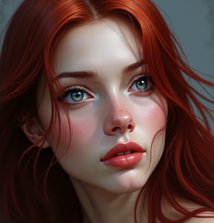 Draw me a young woman with straight red hair, shiny gray eyes, sexy realistic