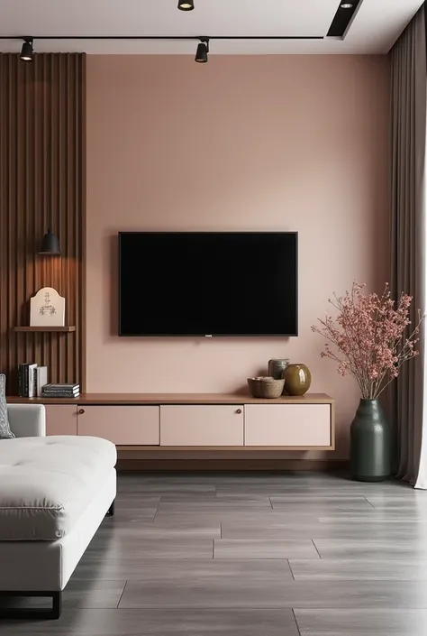  Design a 28m2 living room with pink beige walls,  smoky gray parquet ,  furniture with sofa , wall mounted television ,  wall-mounted worktop system , bàn thờ treo tường,  combined color tone with wall paint color and parquet color .