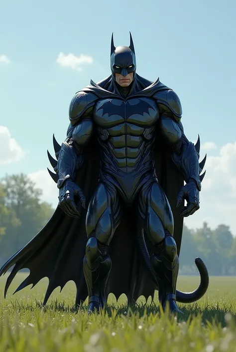 "A terrifying hybrid entity combining a jaguar and Batman’s features stands menacingly on the same grassy field under a bright blue sky. The creature’s body is a fusion of a muscular, stealthy jaguar and Batman’s dark, armored suit. Its head is that of a j...