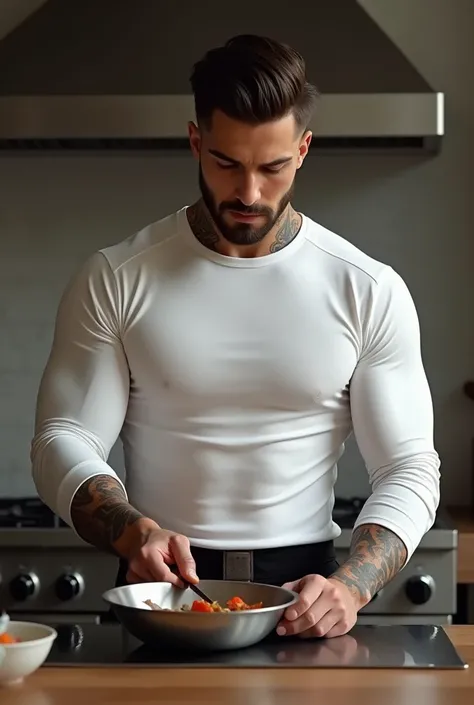 A handsome man . attractive, young and tall athletic. Tattoo on the neck and hands, white long-sleeve shirt. cooking.