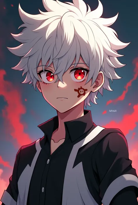 Believe me,  An adult man of about 30 years old . 
 With albino hair and crimson red eyes he wears a black and white shirt,  you have to have a scar on your cheek and be similar to Deku . I want you to draw it in the style of BNHA  
