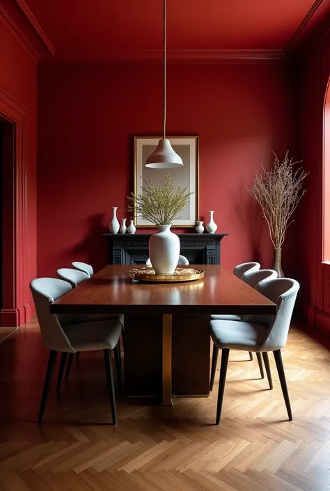 A well-lit dining room with deep red walls that create a cozy atmosphere. The room features a sophisticated dining table set with stylish chairs, with accents of gold and dark wood elements. The red paint on the walls complements the rich wood floor and gi...