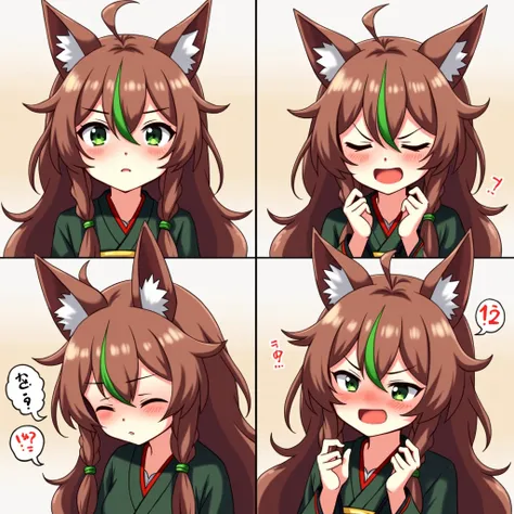  An anime kitsune girl with long dark brown hair , which are tied in two braids at the front but are also normally open . she wears fox ears that are the same color as her hair , and a green strand runs through her hair . her eyes are In a bright shade of ...