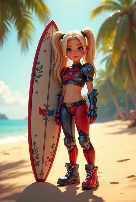 "A stylized depiction of a young girl dressed as Herly Quinn, standing confidently on a sunny beach. Her costume is a miniature version of Herly Quinns iconic red and blue armor, with intricate details. She holds a surf decorated with delicate patterns, sy...