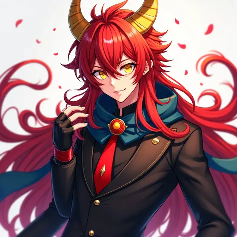 chico,anime,aros,young,man,vibrant red long hair, yellow eyes with concentric circles and gold horns,black tuxedo, red tie with gold ping ,dark blue long scarf , fingerless fighting gloves with a red moon in the middle ,