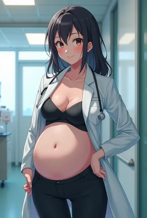 1girl, futanari 30cm, solo, Lab coat, doctor, Long sleeves, black pants, looking at viewer, blush, small smile, huge bulge 