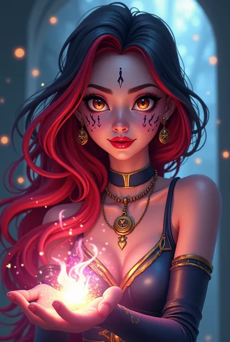 İn Arcane universe, half red - half black hair (long hair) brown eyes skinny lady with magic in her hands. Do it like cartoon and she has sparkling aura and she is smiling. She has red lips and passion in her eyes. Her clothes are like rainbow colors, she ...