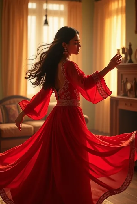 A indian girl dancing in the room, Red kurti 