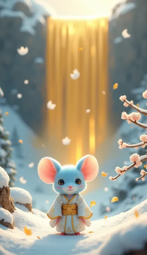  imaginary　snow　The waterfall is 　 golden yellow 　White leaves　 white kimono　 wearing gold decorations　 cute light blue mouse 