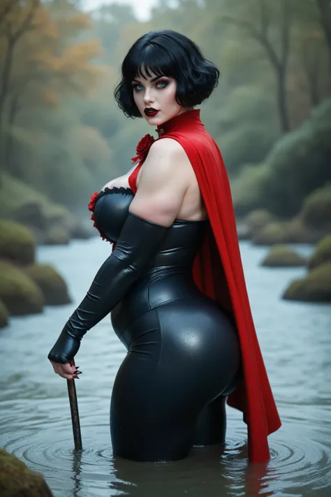 Beautiful undead gothic vampire girl with short dark hair and blue eyes, red cape Big and big butts, musculada fitness,super huge , Waders, BBW 