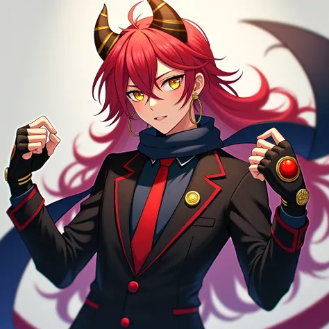 chico,anime,Hoops In their ears,young,man,vibrant red long hair, yellow eyes with concentric circles and gold horns,black tuxedo, red tie with gold ping ,dark blue long scarf , fingerless fighting gloves with a red moon in the middle ,