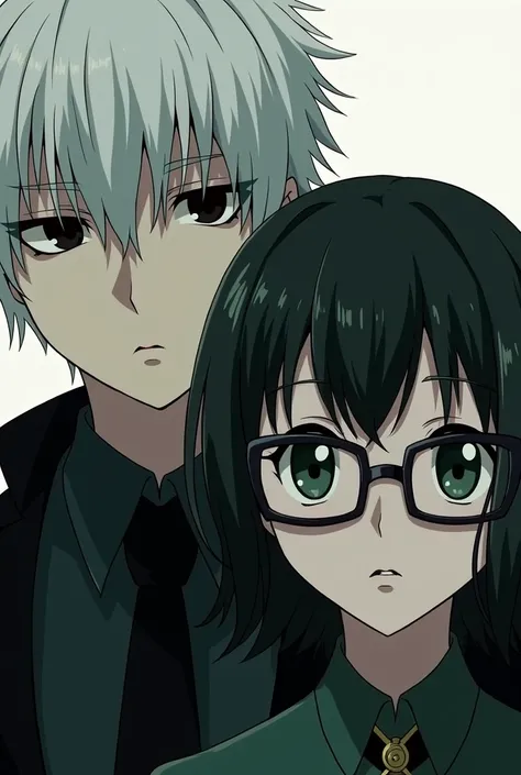 Tokyo Ghoul Kaneki has white hair and black eyes with the touka she is wearing square-shaped glasses and has green eyes they are facing the image only she wears glasses so she can remove the fringe of her and enlarge the glasses pf glasses in black color a...