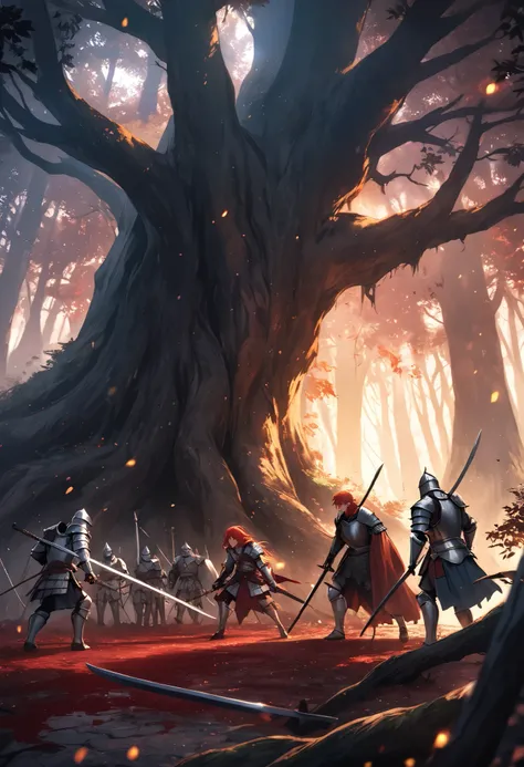 illustration, best quality, highly detailed, cinematic composition, two knights, blonde knight, red-haired knight, medieval armor, intense duel in a twilight forest, ancient trees with gnarled roots, golden and crimson light filtering through the canopy, s...