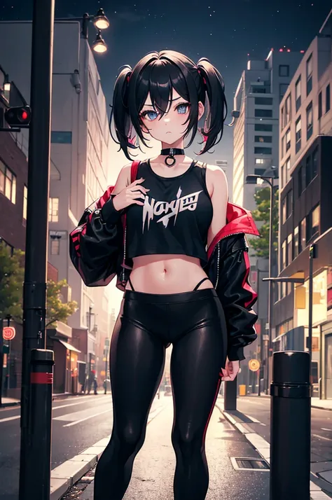 a solo cute femboy, short pigtail hair ,black eye , eye makeup , wearing a black graffti hoodies and close chest and black leggings pants  ,wearing a sneaker, h cup breast , standing in front of a house at winter night time.