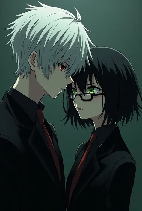 Tokyo Ghoul Kaneki has white hair and black eyes with the touka she is wearing square-shaped glasses and has green eyes they are facing the image only she wears glasses so she can remove the fringe of her and enlarge the glasses pf glasses color black and ...