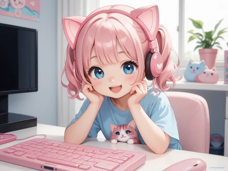  long ash pink hair ,  blue eyes ,  girl,  happy ,  smaller, cute, Big shirt,  b cute pink gaming room,  cute pink computer , pink display 、 cute gaming , cuterGB light ,  cute pink cat ear headphones ,  cute computer pink bacground　 cute pink and white cu...