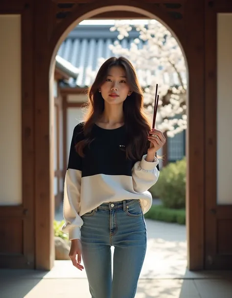  A beautiful young Korean girl smooth face white glowing cheeks Red lips blush brown hair long and bushy.Wearing a black and white box shirt trousers jeans Nike shoes  , He stands very gracefully in a Balinese temple archway holding incense beside him ther...