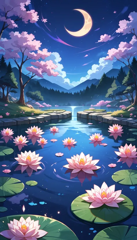 Fraction_9, Fraction_8_up, Fraction_7_up, source_ Japanese cartoons ,
 cartoon style , 
  Night Scene,The moon in the sky,Purple hue,starry night, Dreamy Ambience ,pond，Lotus，Glowing Edges,mystery, High Contrast,ethereal light, Lotus盛开，Light Particles,