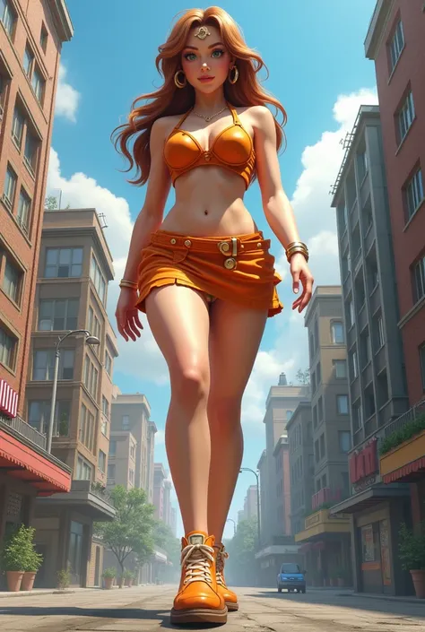  Princess Daisy from the Mario Bros game , Daisy is 100 meters taller than the buildings walking around town wearing an orange mini dress,  large thighs proportionally larger than your hips,  brown hair ,  realistic drawing style, realistic mini dress with...