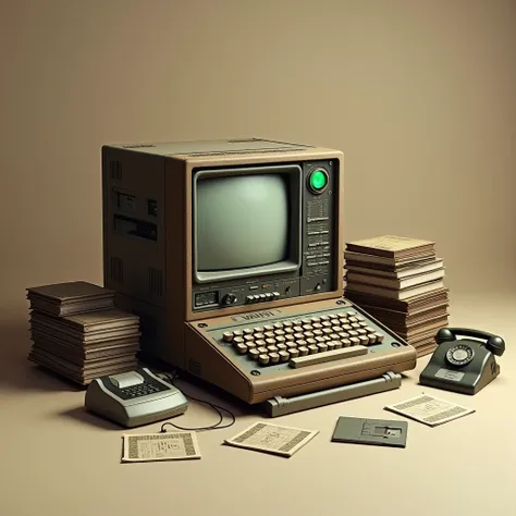 A vintage computer with punch cards and floppy disks, sepia-toned background, retro technology style