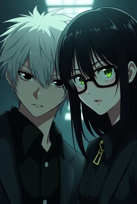 Tokyo Ghoul Kaneki has white hair and black eyes with the touka she is wearing square-shaped glasses and has green eyes they are facing the image only she wears glasses so she can remove the fringe of her and enlarge the PF glasses black glasses and both i...