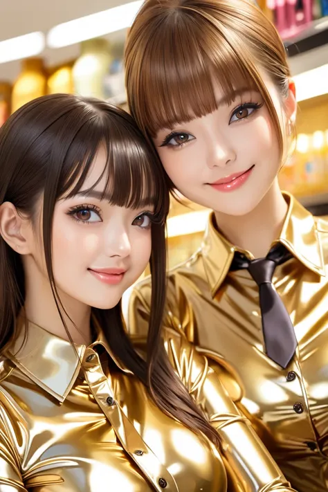 2 girls,  masterpiece, Lens reflection, Reflected light,  buttoned in extremely tight shiny golden latex blouse,  high resolution , Make-up,  seductive smile , Go shopping ,Necktie,  brown hair , Bangs, portrait,