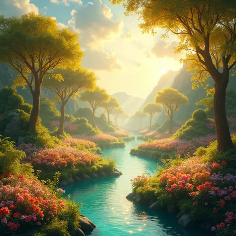 A breathtaking depiction of Jannah as lush, sprawling gardens filled with vibrant, blooming flowers of every imaginable color. Crystal-clear streams flow gently, their waters sparkling with divine light, weaving through an endless expanse of greenery. Gold...