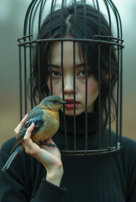 a woman with her whole head inside a cage, with a little bird in hand, hand next to woman&#39;s face