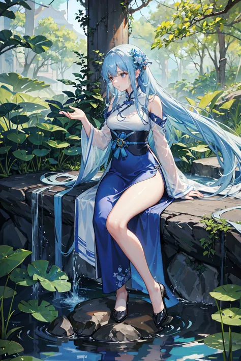  has a blue dress , 16 Long Legs, A woman sits on a rock in the water, Standing gracefully on the lotus,  Fantastic Beauty, Wearing blue cheongsam, court,  girl in Hanfu, Wearing blue cheongsam, Full of fairy atmosphere , In the pond, White Hanfu,  an amaz...