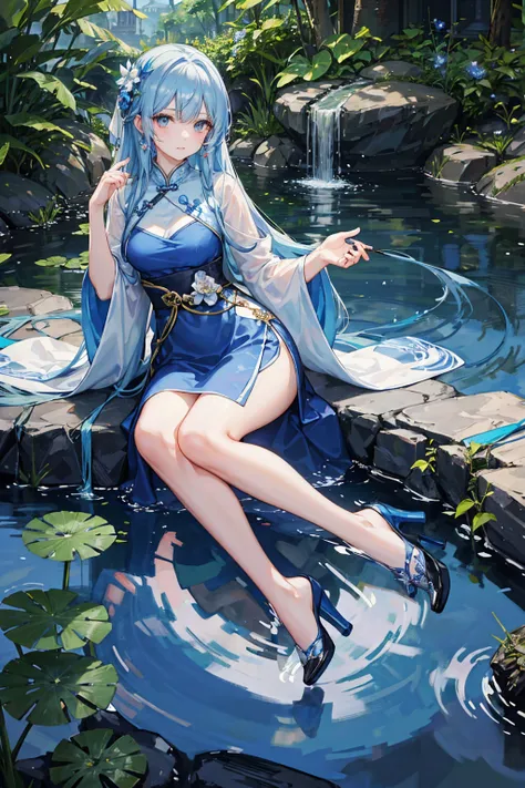  has a blue dress , 16 Long Legs, A woman sits on a rock in the water, Standing gracefully on the lotus,  Fantastic Beauty, Wearing blue cheongsam, court,  girl in Hanfu, Wearing blue cheongsam, Full of fairy atmosphere , In the pond, White Hanfu,  an amaz...