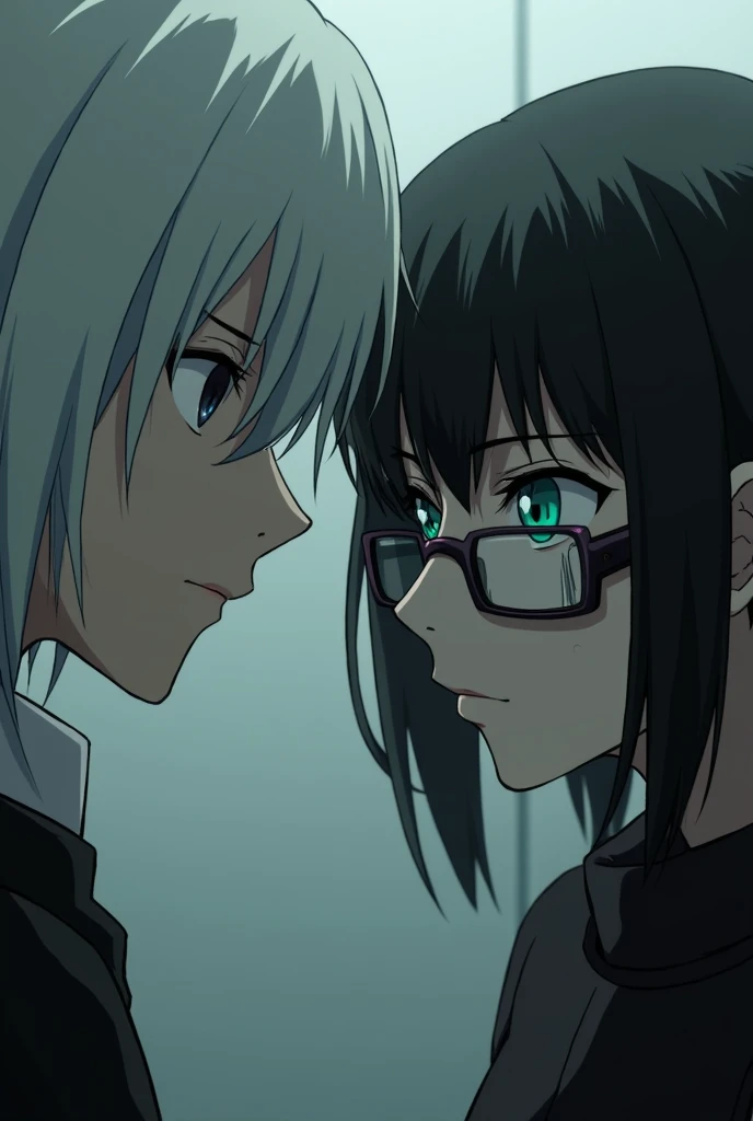 Tokyo Ghoul Kaneki has white hair and black eyes with the touka she is wearing square-shaped glasses and has green eyes they are facing the image only she wears glasses so she can remove the fringe of her and enlarge the PF glasses black glasses and both i...