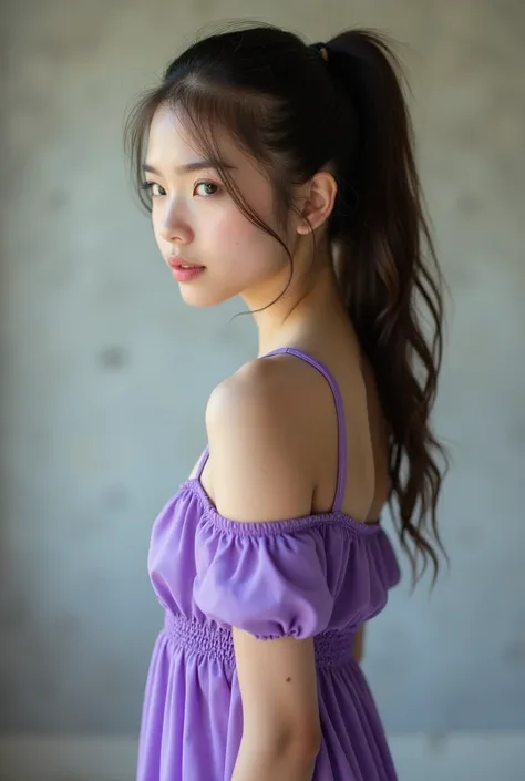 A 20-year-old Thai woman with a ponytail and blue eyes wears a purple short dress, looking away and aside. The scene captures her youthful charm and delicate pose, with the background softly blurred, focusing attention on her intricate details and the subt...