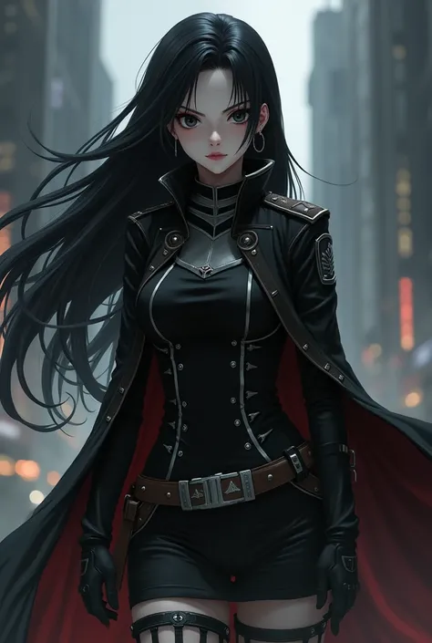 attack on titan anime character girl pale long black hair black eyes black uniform 