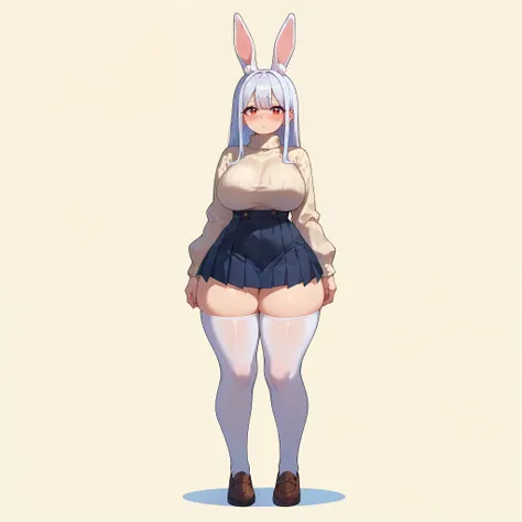 1girl, kemonomimi, solo, long white hair, red eyes, bunny ears, bunny tail, big breasts, wide hips, thick thighs, white ribbed turtleneck sweater, black pleated skirt, white thigh high socks, blushed, shy, standing, full body, looking at viewer, simple bac...