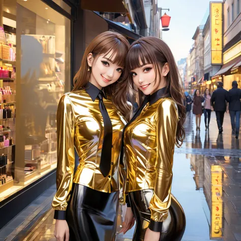 2 girls,  masterpiece, Lens reflection, Reflected light,  buttoned in extremely tight shiny golden latex blouse,  high resolution , Make-up,  seductive smile , Are in town and go shopping ,Necktie,  brown hair , Bangs, portrait,