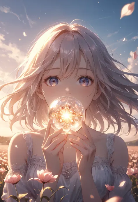 illustration, best quality, highly detailed, cinematic composition, 1girl, flowing hair, melancholy expression, standing in a field of withered flowers, glowing hourglass with shimmering sand, twilight sky, soft sunlight breaking through clouds, petals sca...