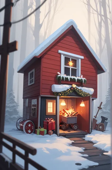 A magical broken toy-making machine in a festive Christmas workshop, with exposed gears stuck in place, black smoke coming out of a small chimney, and a red warning light blinking. The environment is snowy with glowing decorations, but the machine looks da...