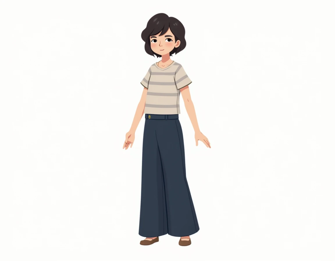 Full shot of a cartoon female character. 

The character is light-skinned with short, dark hair. She is wearing a light-beige/gray striped shirt with short sleeves.  Her shirt has a simple, collared neckline.  Beneath that, she wears dark navy blue, wide-l...