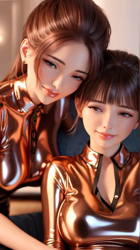  Mom and daughter ,  masterpiece, Lens reflection, Reflected light,  buttoned in extremely tight shiny copper latex blouse,  high resolution , Make-up,  seductive smile , Are in the apartment and sitting on the couch ,Necktie,  brown hair , Bangs, embrace,...