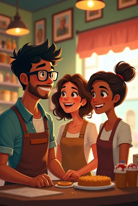 Its Saël, a man with black hair and hes white with glasses .  Clara, a light brown and shes white, and Camille, a tanned brunette, are happy because their business, the Dino-Snak-Bar, works well. 