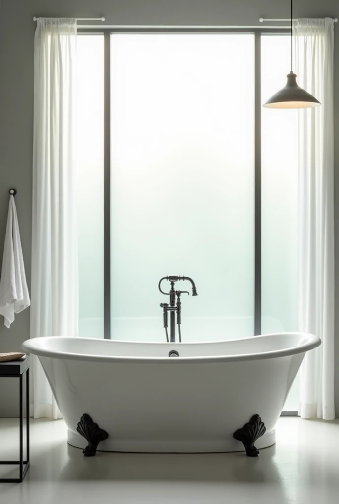 A tranquil bathroom with a freestanding white bathtub, matte black fixtures, and a large frosted window.