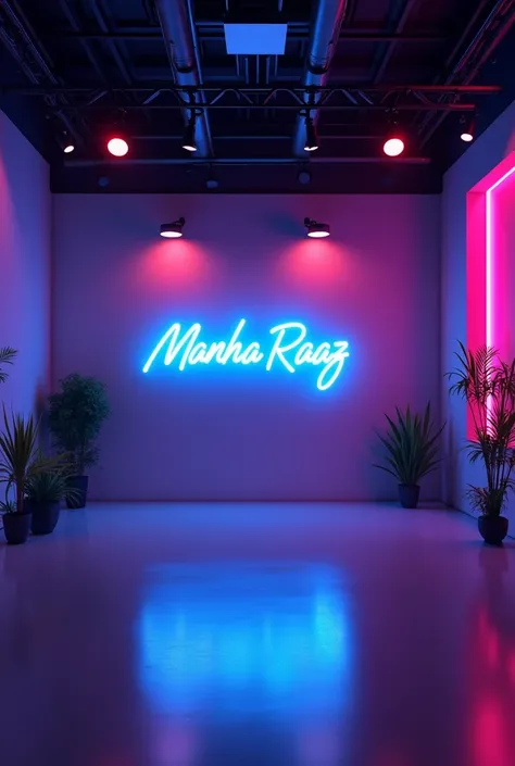 "Create a YouTube studio background with a modern and sleek design. In the center of the background, display the name MANHA RAAZ in bright neon lights with correct spelling. The neon lights should be in a vibrant color, such as electric blue or neon pink. ...