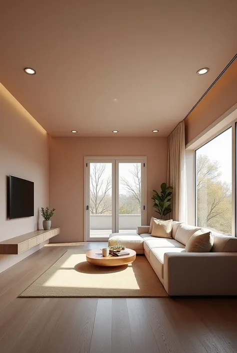  Panoramic design living room view from large 28m2 closed main door with northeast facing main door,  with beige pink wall paint ,  smoky gray wooden floor ,  Interior with Right Corner Sofa Directly Northeast, South-West Side Left Wall TV ,  with Southeas...