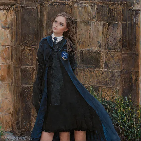 anime art, anime coloring, a girl wearing a ravenclaw uniform with black robe, hogwarts, ravenclaw emblem, low angle, muted colors, dark palette, hazy twilight, (looking away, looking far:1.3)  