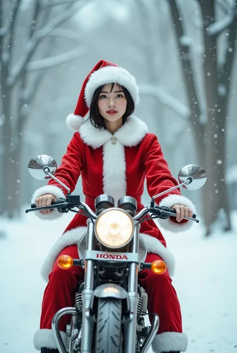 Thai woman wearing Santa Claus costume wearing Santa Claus hat riding a motorcycle, white skin like snow, detailed face, Thai face, snow falling atmosphere, the picture is pale, soft, white, nice to look at, real photo, riding a Honda brand motorcycle.